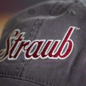 detail of the logo on vintage gray baseball hat