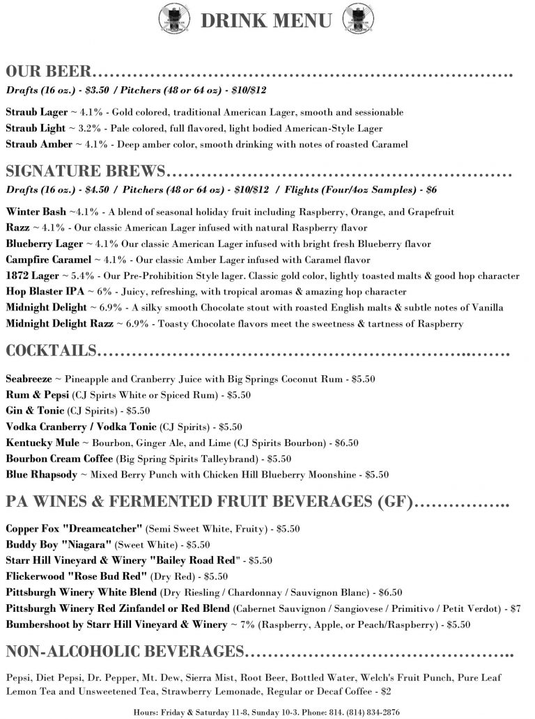 Tap Room Menu - Straub Brewery