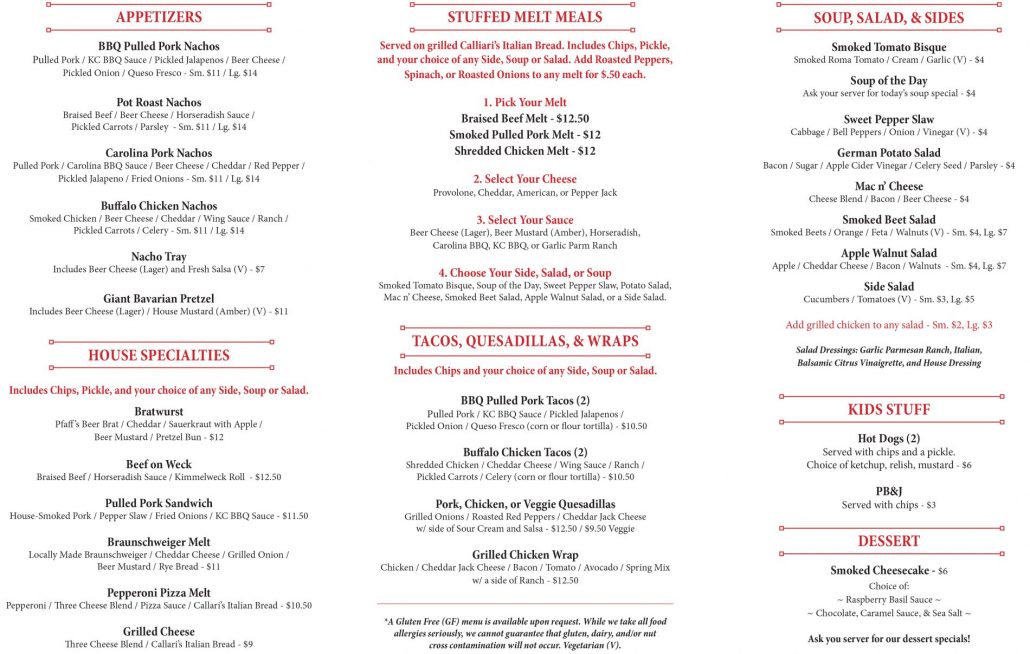 Tap Room Menu Straub Brewery