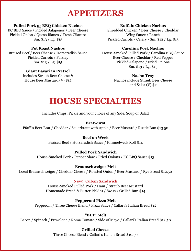 Tap Room Menu Straub Brewery