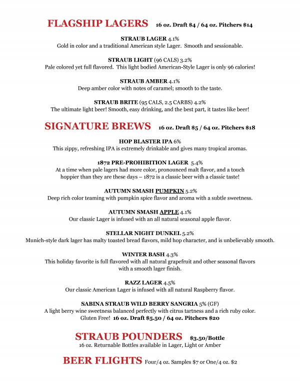 Tap Room Menu - Straub Brewery