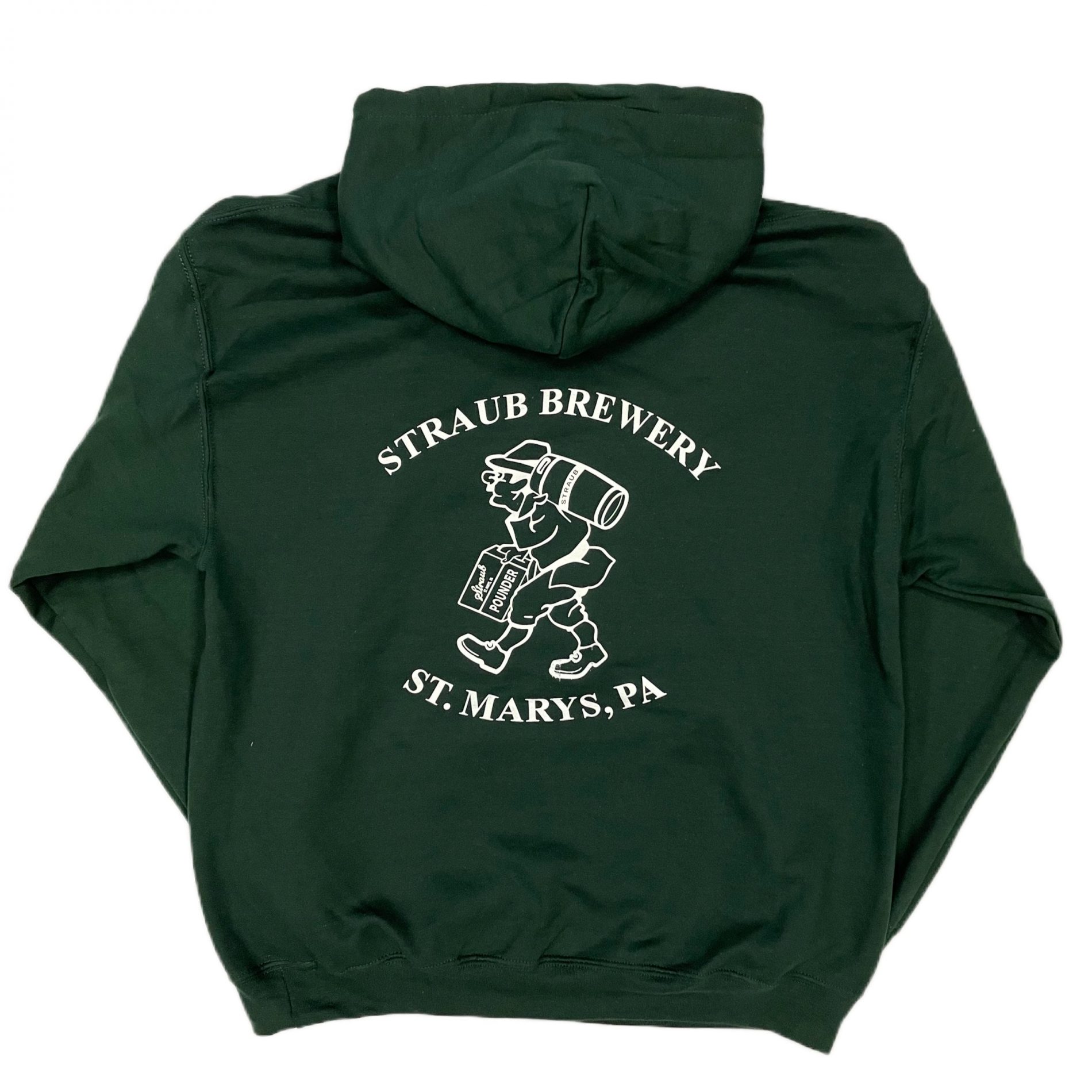 Dark Green Hoodie Logo front B Man on Back - Straub Brewery