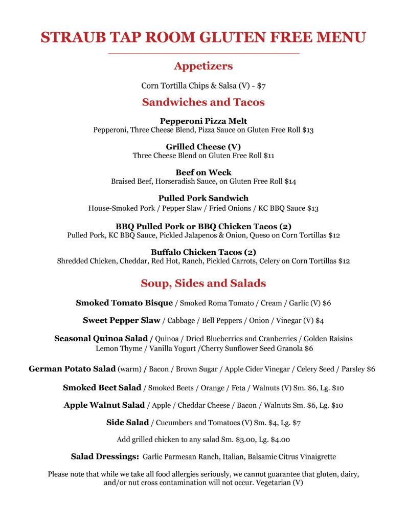 Tap Room Menu - Straub Brewery