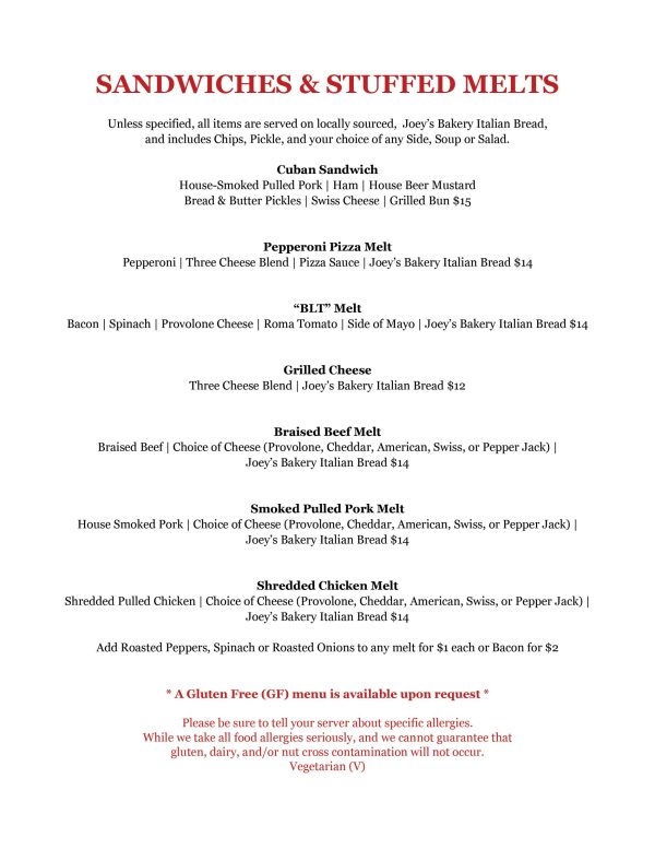 Tap Room Menu - Straub Brewery