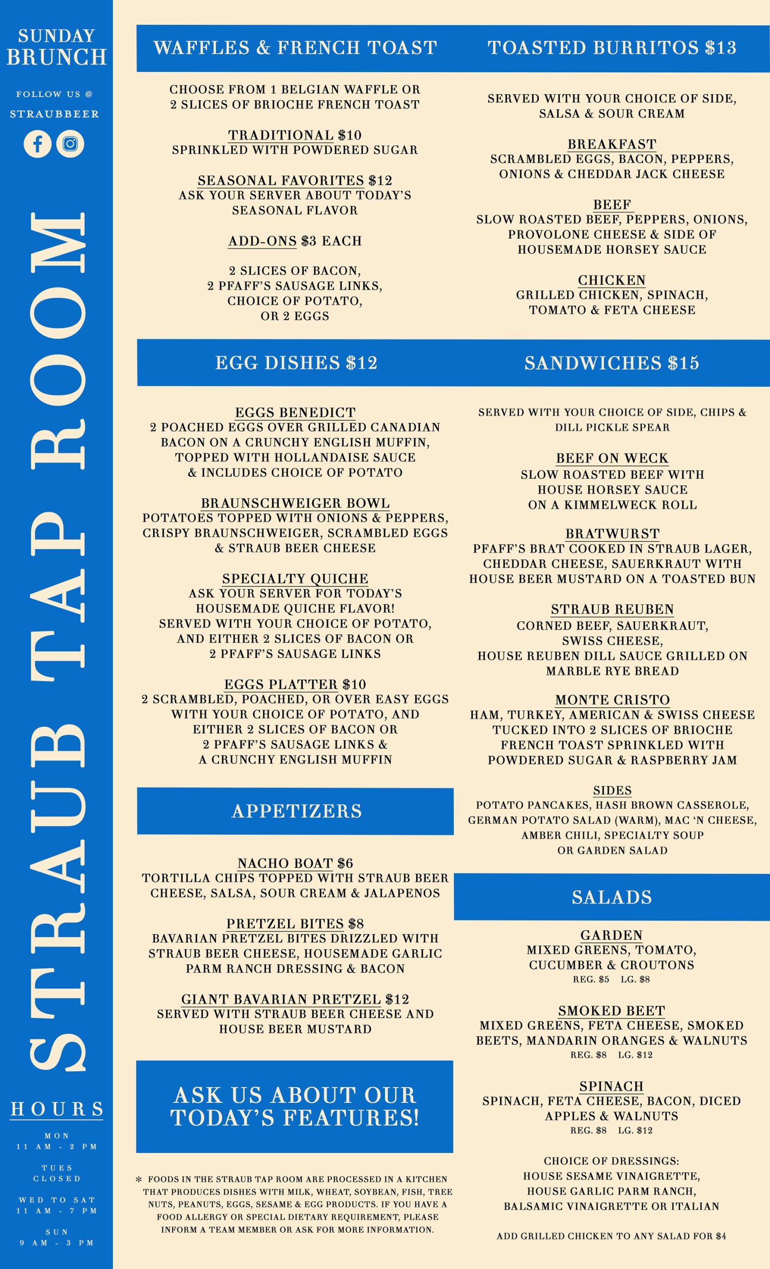 Tap Room Menu - Straub Brewery