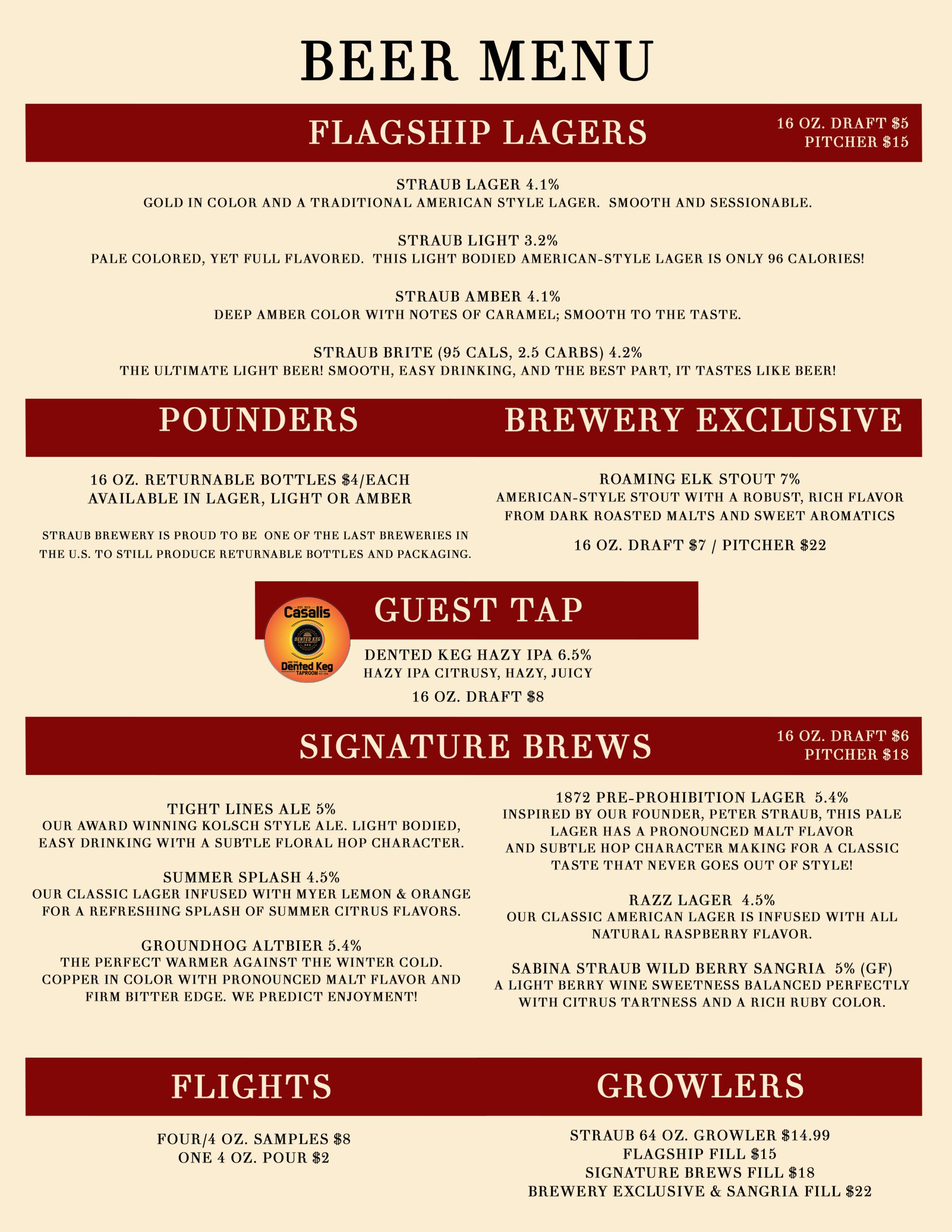 Tap Room Menu - Straub Brewery